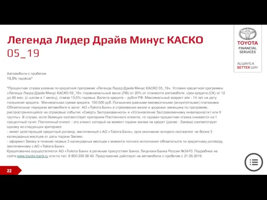 Легенда Лидер Драйв Минус КАСКО 05_19 Автомобили с пробегом 15,5% годовых* *Процентная