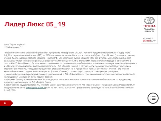 Лидер Люкс 05_19 авто Toyota в кредит 12,9% годовых * *Процентная ставка