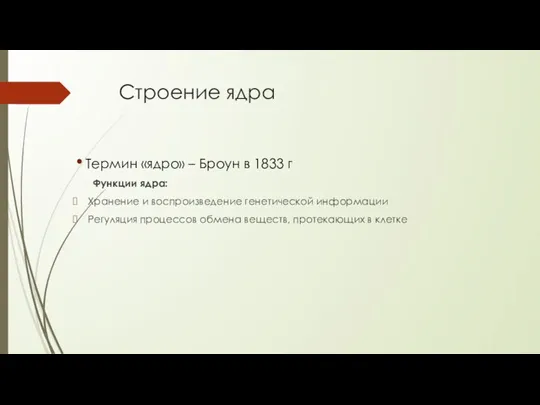 Строение ядра Функции ядра: Хранение и воспроизведение генетической информации Регуляция процессов обмена