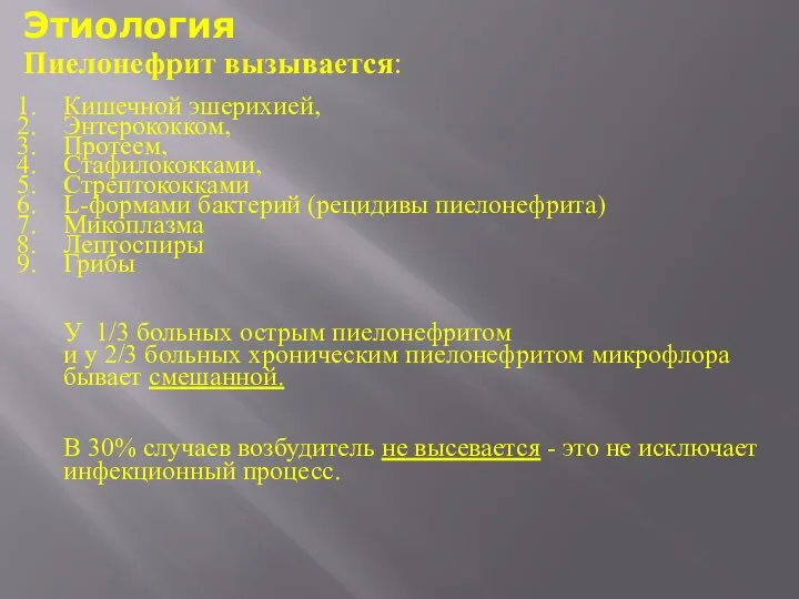 Этиология Пиелонефрит вызывается: Кишечной эшерихией, Энтерококком, Протеем, Стафилококками, Стрептококками L-формами бактерий (рецидивы