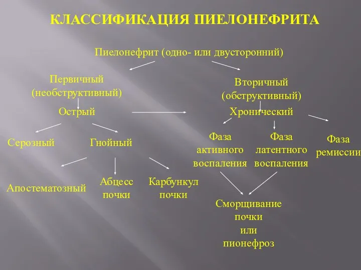 КЛАССИФИКАЦИЯ ПИЕЛОНЕФРИТА Первичный (необструктивный) Вторичный (обструктивный) Пиелонефрит (одно- или двусторонний) Острый Серозный