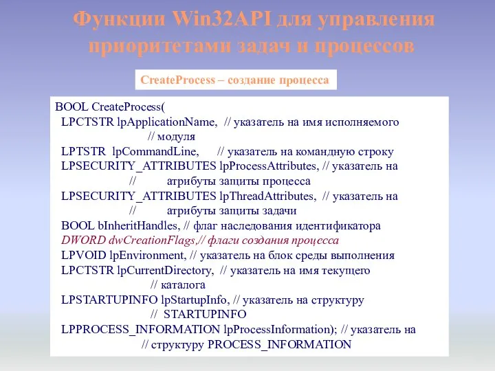 Функции Win32API для управления приоритетами задач и процессов CreateProcess – создание процесса