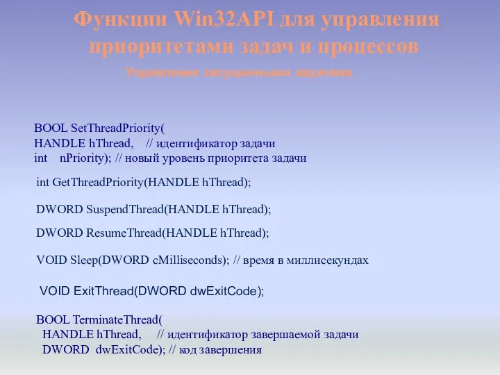 Функции Win32API для управления приоритетами задач и процессов Управление запущенными задачами BOOL