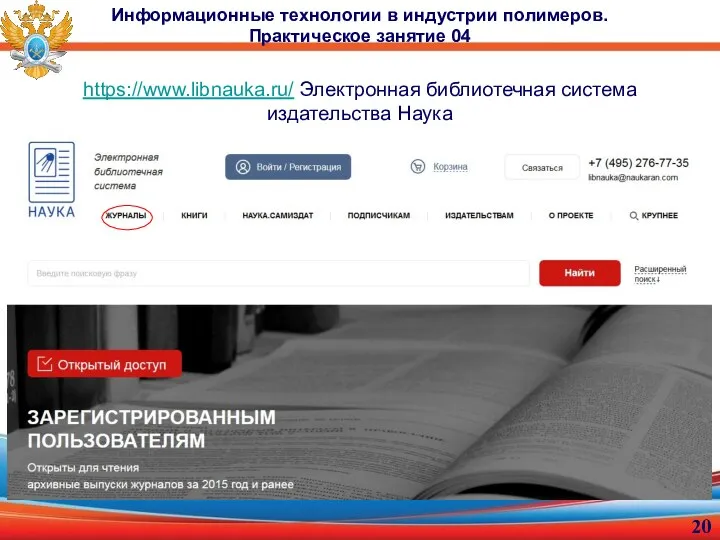 Информационные технологии в индустрии полимеров. Практическое занятие 04 https://www.libnauka.ru/ Электронная библиотечная система издательства Наука