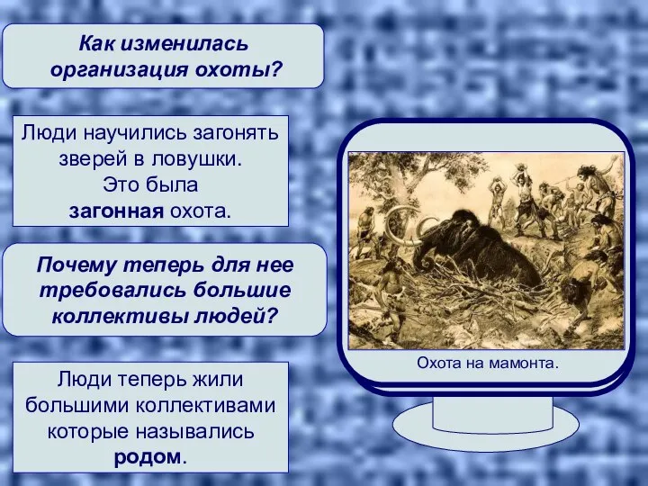 Люди теперь жили большими коллективами которые назывались родом. Люди научились загонять зверей