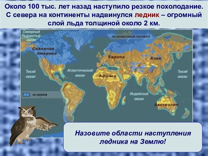 Около 100 тыс. лет назад наступило резкое похолодание. С севера на континенты