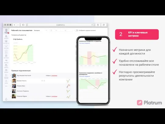 2 KPI и ключевые метрики Назначьте метрики для каждой должности Удобно отслеживайте
