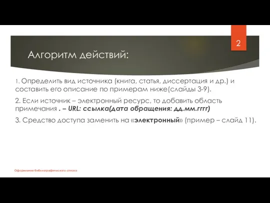 Алгоритм действий: 1. Определить вид источника (книга, статья, диссертация и др.) и