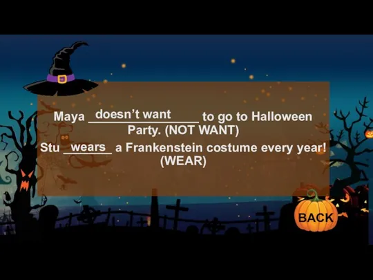 Maya ________________ to go to Halloween Party. (NOT WANT) Stu _______ a