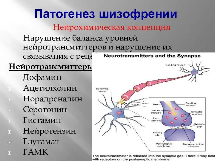 Патогенез шизофрении Нейрохимическая концепция Нарушение баланса уровней нейротрансмиттеров и нарушение их связывания