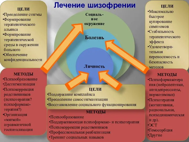 Лечение шизофрении ЦЕЛИ Преодоление стигмы Формирование терапевтического альянса Формирование терапевтической среды в