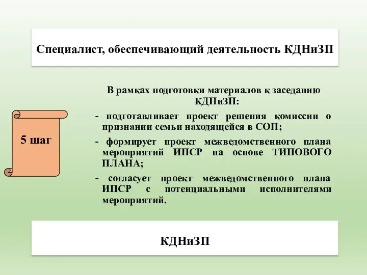 Специалист, обеспечивающий деятельность КДНиЗП КДНиЗП 5 шаг В рамках подготовки материалов к