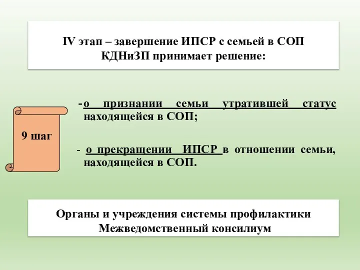 IV этап – завершение ИПСР с семьей в СОП КДНиЗП принимает решение: