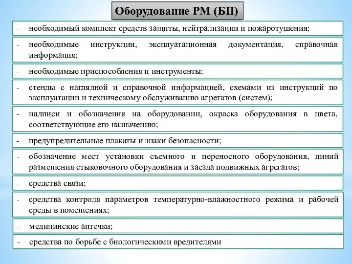 Оборудование РМ (БП) необходимый комплект средств защиты, нейтрализации и пожаротушения; необходимые инструкции,