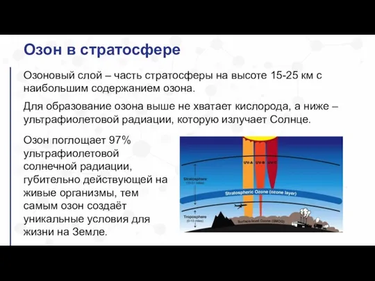 Озон в стратосфере Озон поглощает 97% ультрафиолетовой солнечной радиации, губительно действующей на