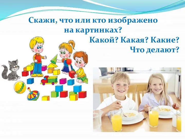 Скажи, что или кто изображено на картинках? Какой? Какая? Какие? Что делают?