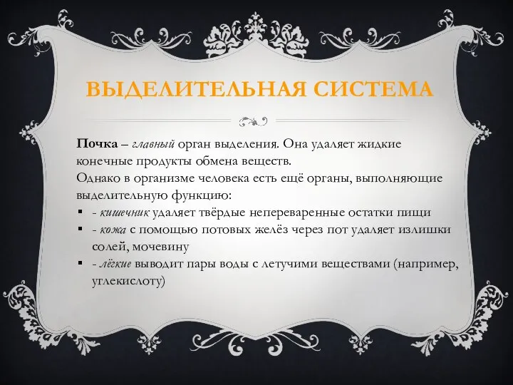 ВЫДЕЛИТЕЛЬНАЯ СИСТЕМА Почка – главный орган выделения. Она удаляет жидкие конечные продукты