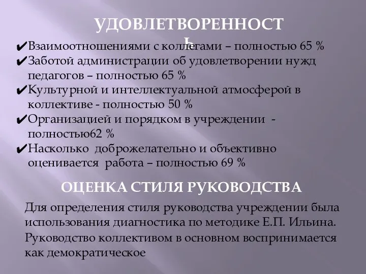 УДОВЛЕТВОРЕННОСТЬ Взаимоотношениями с коллегами – полностью 65 % Заботой администрации об удовлетворении