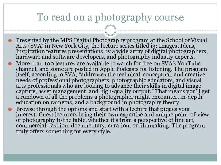 To read on a photography course Presented by the MPS Digital Photography