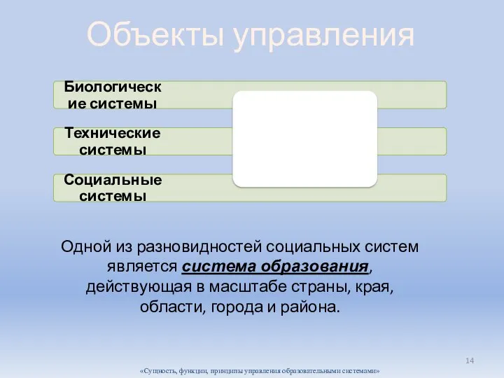 Объекты управления Одной из разновидностей социальных систем является система образования, действующая в