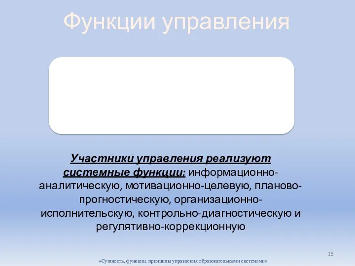 «Сущность, функции, принципы управления образовательными системами» Функции управления Участники управления реализуют системные