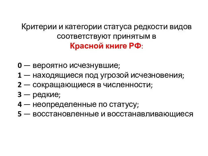 Критерии и категории статуса редкости видов соответствуют принятым в Красной книге РФ:
