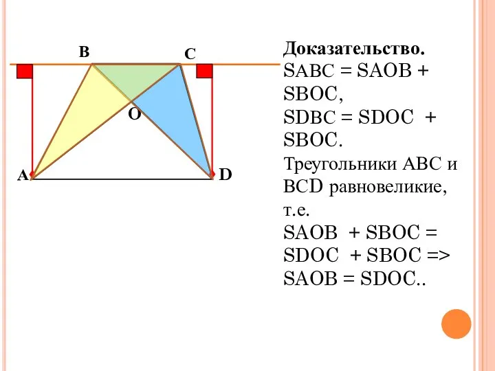 Рассмотреть на уроке Доказательство. SАВС = SAOB + SBOC, SDВС = SDOC