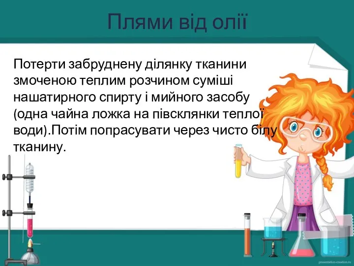 Плями від олії Потерти забруднену ділянку тканини змоченою теплим розчином суміші нашатирного