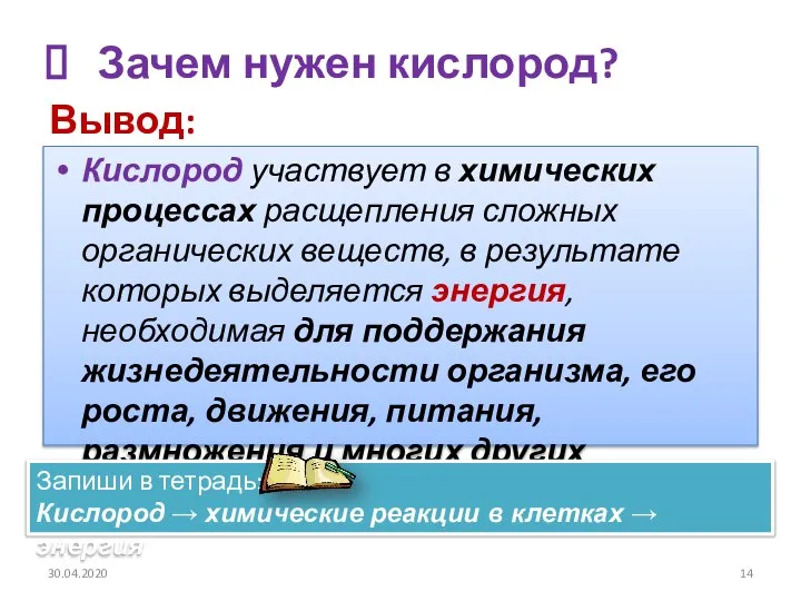 Зачем нужен кислород? Кислород участвует в химических процессах расщепления сложных органических веществ,