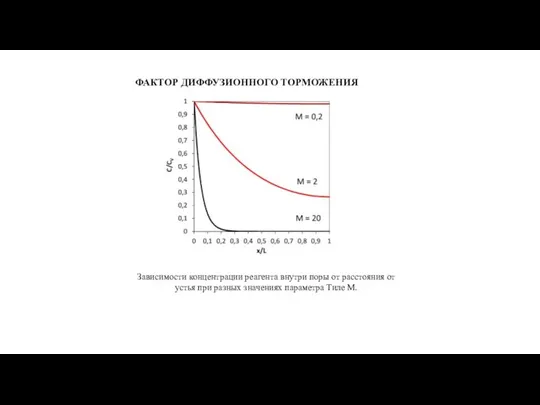 ФАКТОР ДИФФУЗИОННОГО ТОРМОЖЕНИЯ Зависимости концентрации реагента внутри поры от расстояния от устья