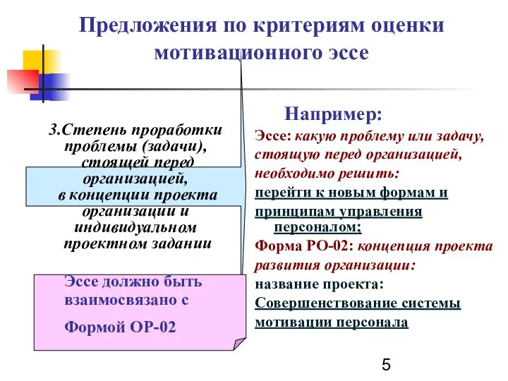 Предложения по критериям оценки мотивационного эссе Например: Эссе: какую проблему или задачу,