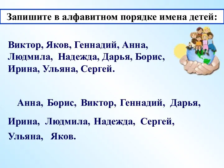 Запишите в алфавитном порядке имена детей: Виктор, Яков, Геннадий, Анна, Людмила, Надежда,