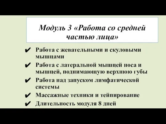 Модуль 3 «Работа со средней частью лица» Работа с жевательными и скуловыми