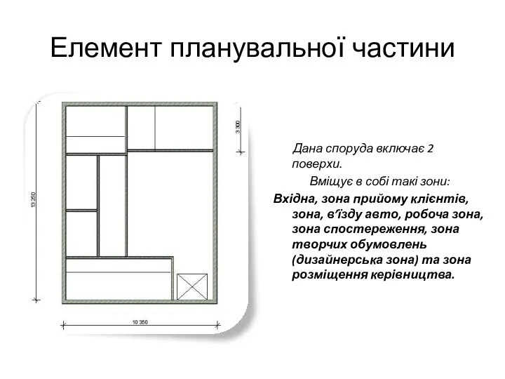 Елемент планувальної частини Дана споруда включає 2 поверхи. Вміщує в собі такі