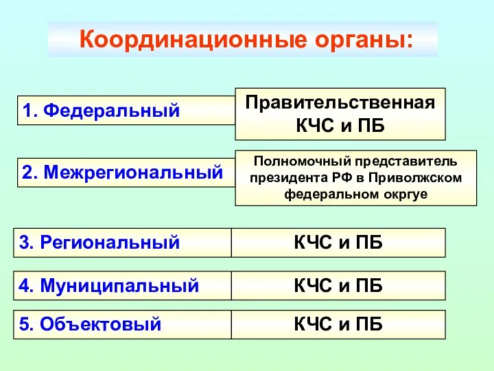 Координационные органы: 1. Федеральный 2. Межрегиональный 3. Региональный 4. Муниципальный 5. Объектовый