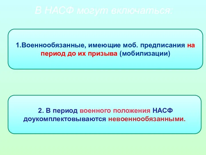 В НАСФ могут включаться: 1.Военнообязанные, имеющие моб. предписания на период до их