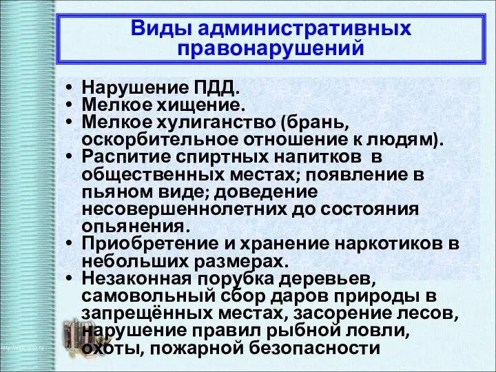 Виды административных правонарушений Нарушение ПДД. Мелкое хищение. Мелкое хулиганство (брань, оскорбительное отношение