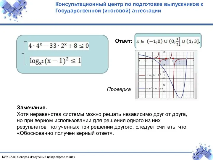 Ответ: Проверка Замечание. Хотя неравенства системы можно решать независимо друг от друга,