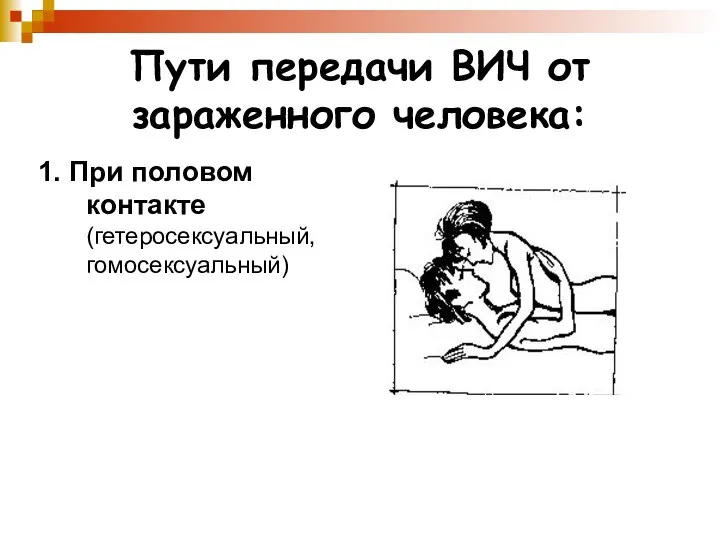 Пути передачи ВИЧ от зараженного человека: 1. При половом контакте (гетеросексуальный, гомосексуальный)