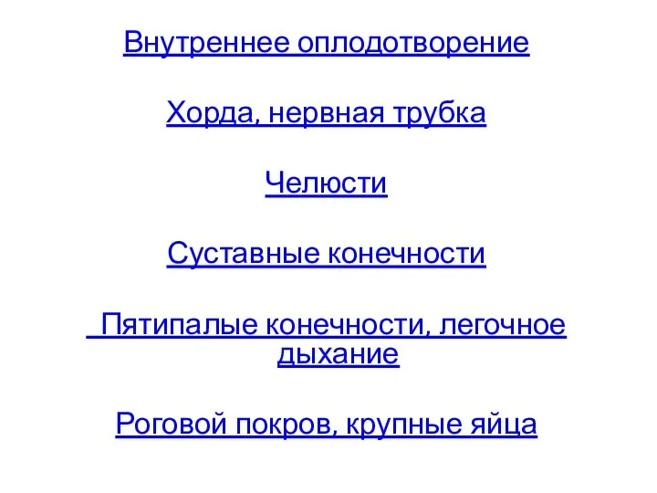 Внутреннее оплодотворение Хорда, нервная трубка Челюсти Суставные конечности Пятипалые конечности, легочное дыхание Роговой покров, крупные яйца