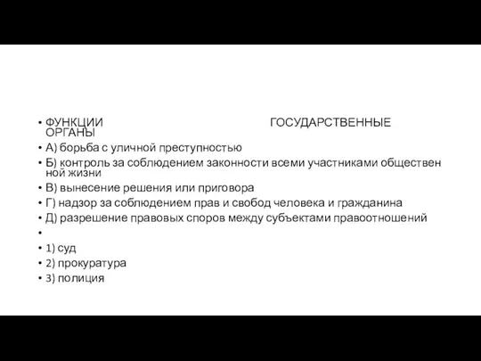 ФУНКЦИИ ГОСУДАРСТВЕННЫЕ ОРГАНЫ А) борь­ба с улич­ной преступностью Б) кон­троль за со­блю­де­ни­ем