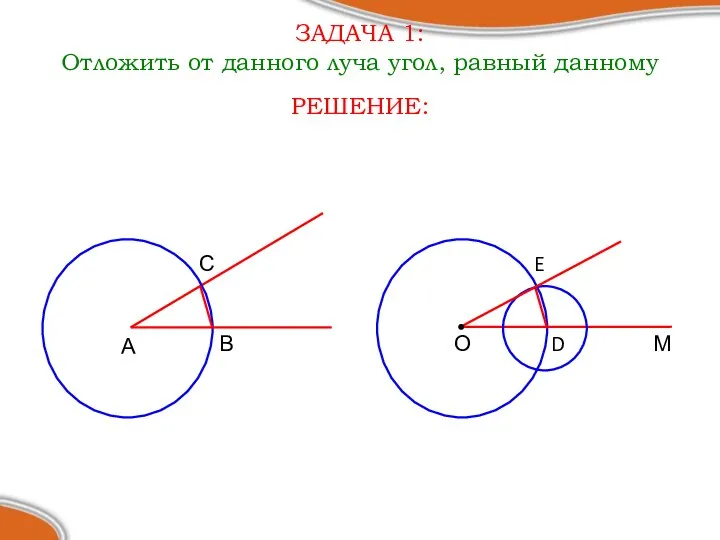 ЗАДАЧА 1: Отложить от данного луча угол, равный данному А В О