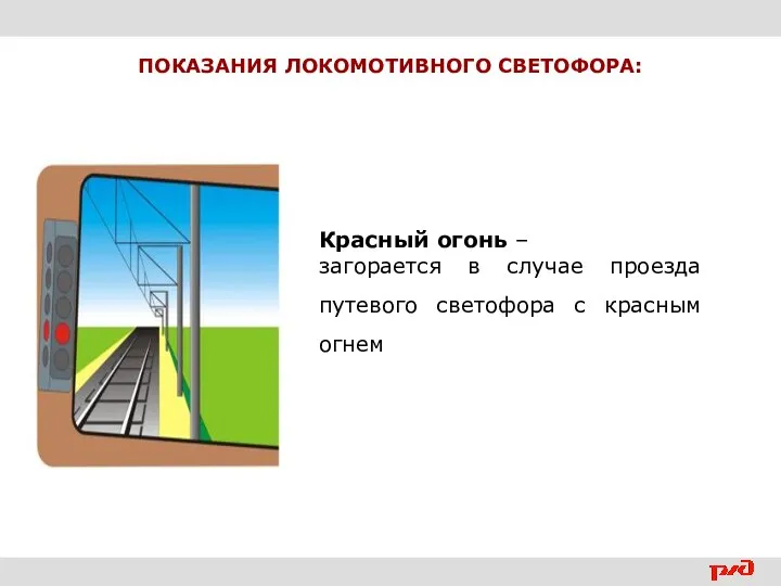 ПОКАЗАНИЯ ЛОКОМОТИВНОГО СВЕТОФОРА: Красный огонь – загорается в случае проезда путевого светофора с красным огнем