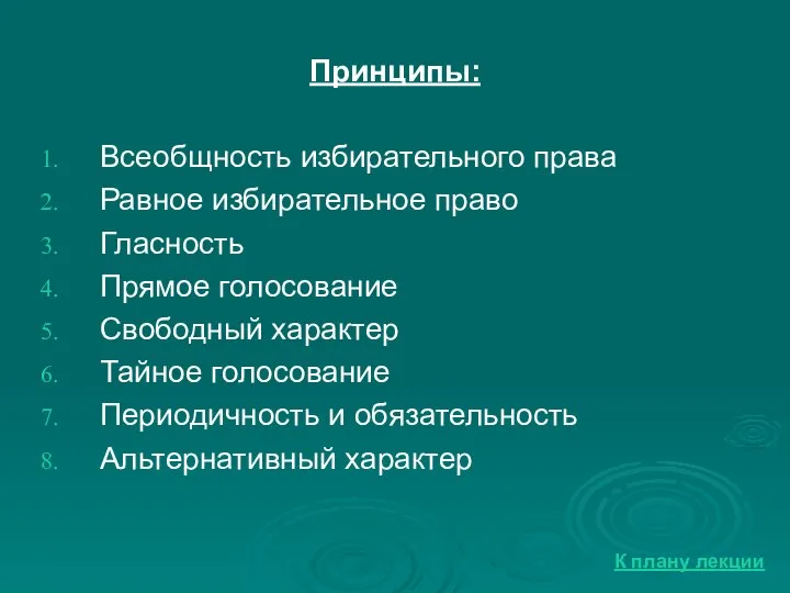 Принципы: Всеобщность избирательного права Равное избирательное право Гласность Прямое голосование Свободный характер