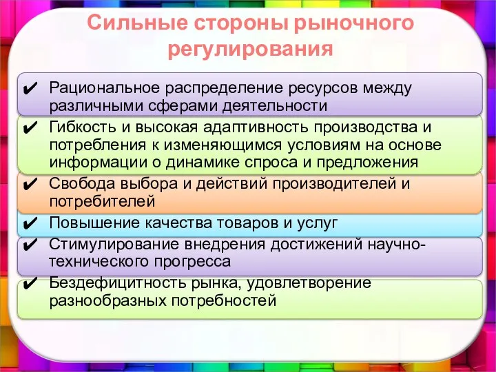 Сильные стороны рыночного регулирования Рациональное распределение ресурсов между различными сферами деятельности Гибкость