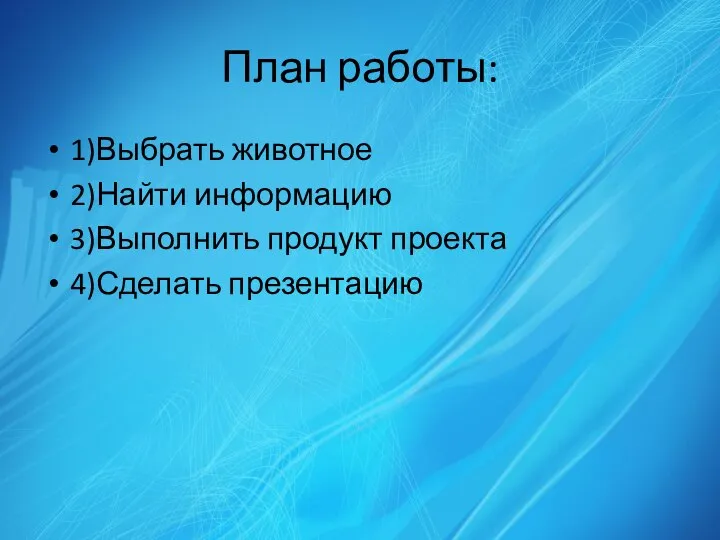 План работы: 1)Выбрать животное 2)Найти информацию 3)Выполнить продукт проекта 4)Сделать презентацию