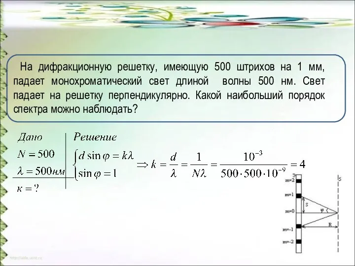 На дифракционную решетку, имеющую 500 штрихов на 1 мм, падает монохроматический свет