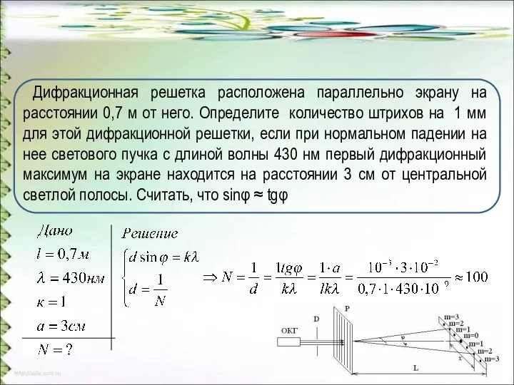 Дифракционная решетка расположена параллельно экрану на расстоянии 0,7 м от него. Определите