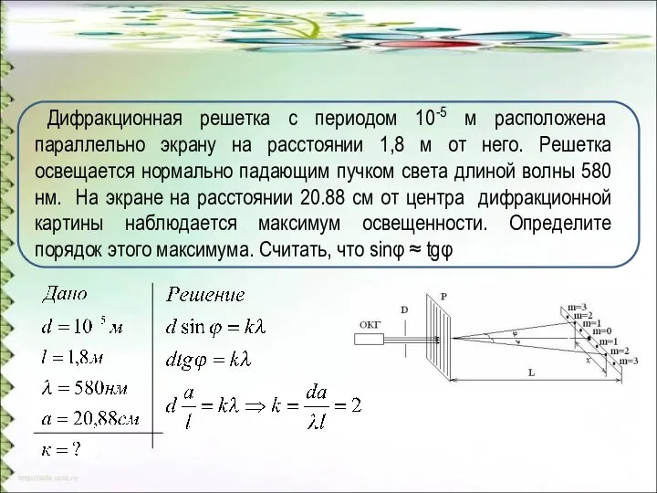 Дифракционная решетка с периодом 10-5 м расположена параллельно экрану на расстоянии 1,8