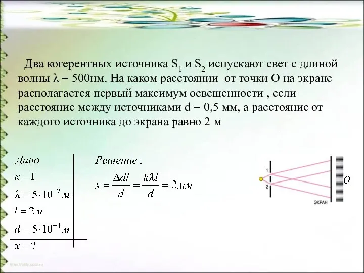 Два когерентных источника S1 и S2 испускают свет с длиной волны λ